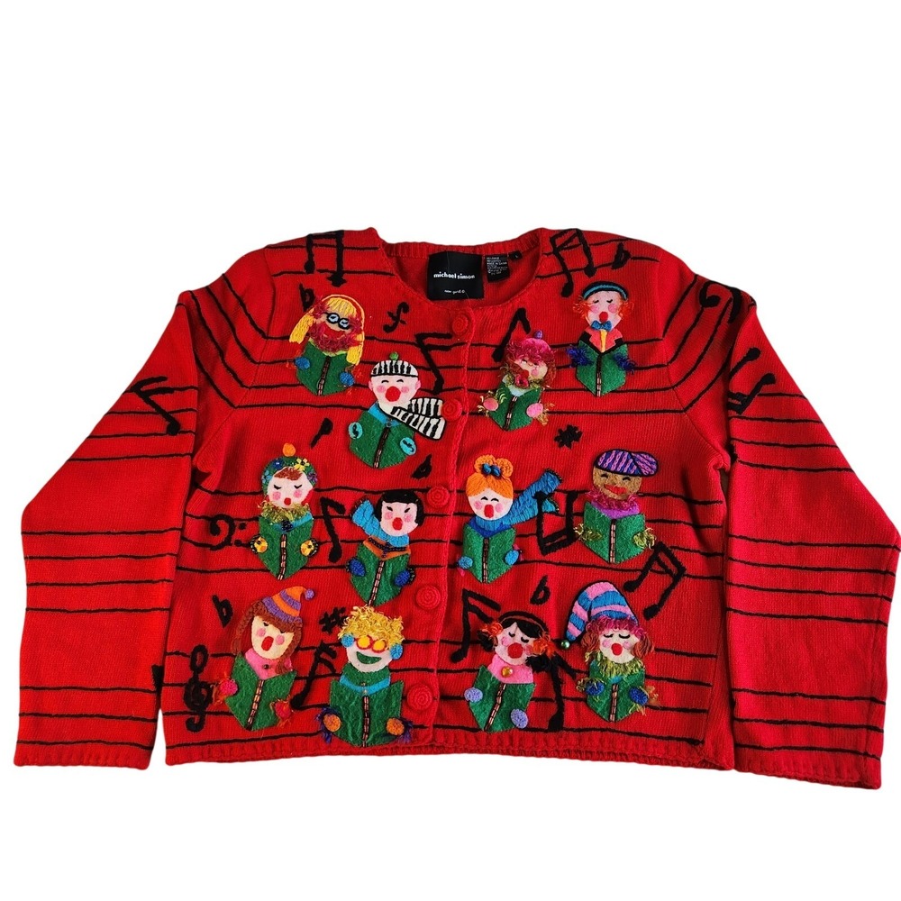 MICHAEL SIMON Music‎ Cardigan Sweater Womens Large Red Singing Choir Carolers
